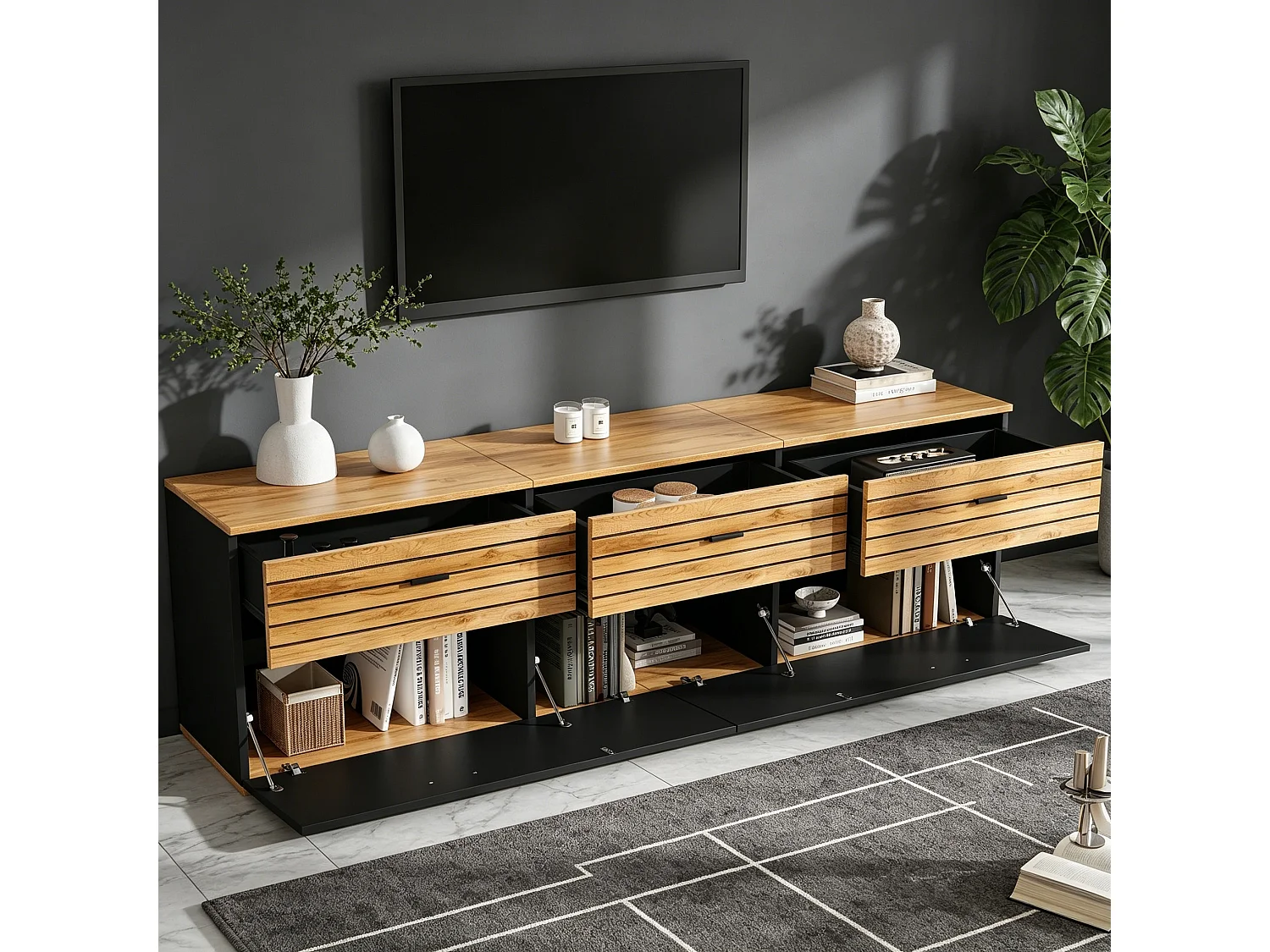 168 cm hoher TV-Ständer für Fernseher bis zu 65 Zoll mit 3 Türen und 3 Schubladen – MDF – 168 x 38 x 59 cm – Naturholz und Schwarz