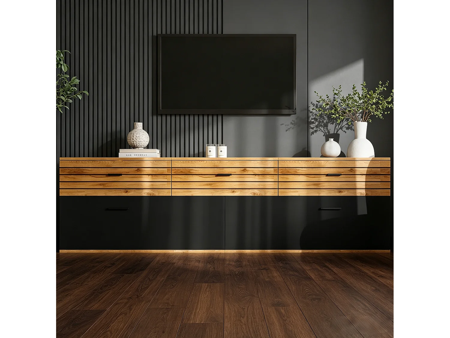 168 cm hoher TV-Ständer für Fernseher bis zu 65 Zoll mit 3 Türen und 3 Schubladen – MDF – 168 x 38 x 59 cm – Naturholz und Schwarz