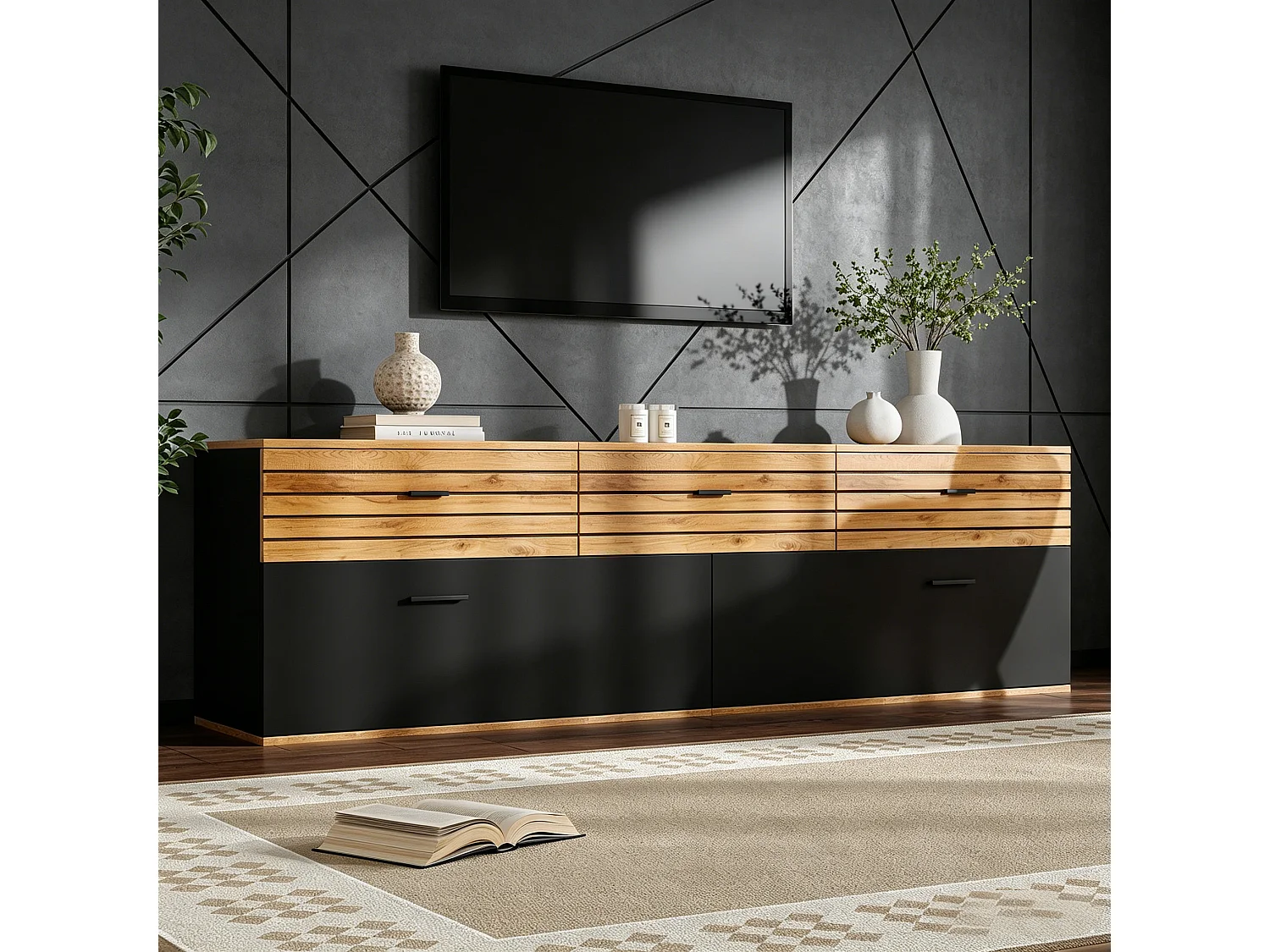 168 cm hoher TV-Ständer für Fernseher bis zu 65 Zoll mit 3 Türen und 3 Schubladen – MDF – 168 x 38 x 59 cm – Naturholz und Schwarz