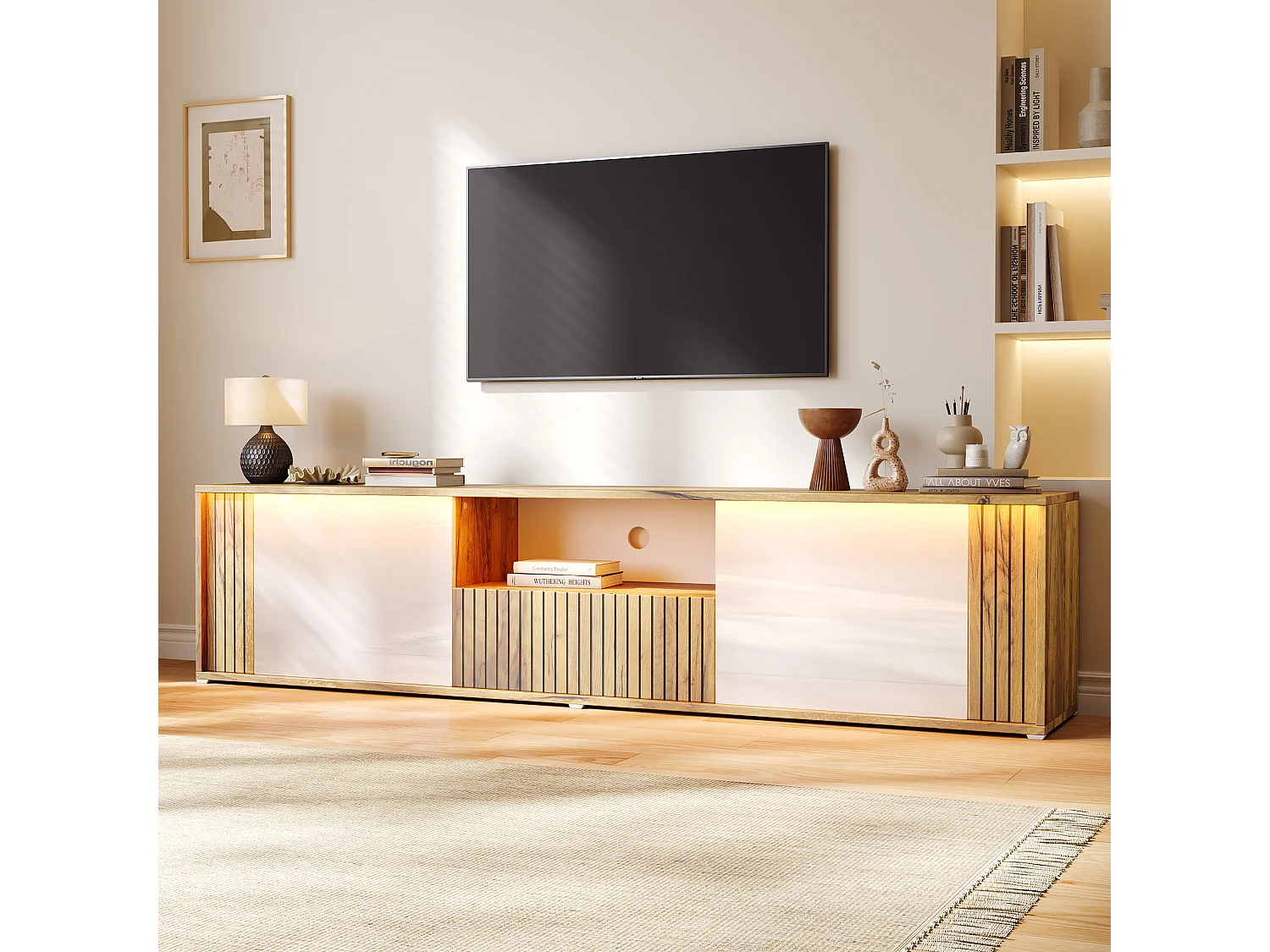 TV-möbel 180x40x51 cm - 2 dörrar och 1 låda - LED-belysning - Passar för TV upp till 75 tum - Vit + Natur