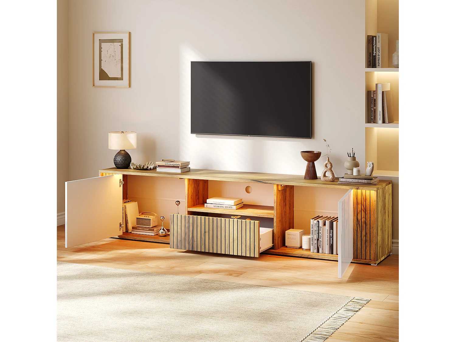 TV-möbel 180x40x51 cm - 2 dörrar och 1 låda - LED-belysning - Passar för TV upp till 75 tum - Vit + Natur