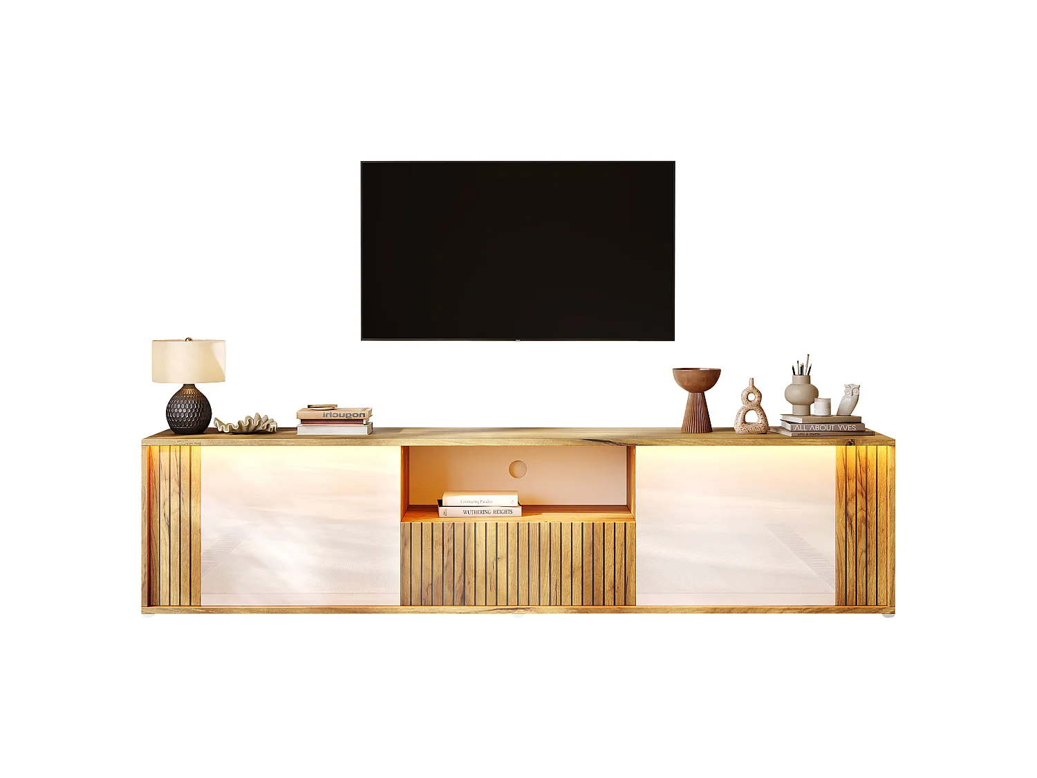 TV-möbel 180x40x51 cm - 2 dörrar och 1 låda - LED-belysning - Passar för TV upp till 75 tum - Vit + Natur