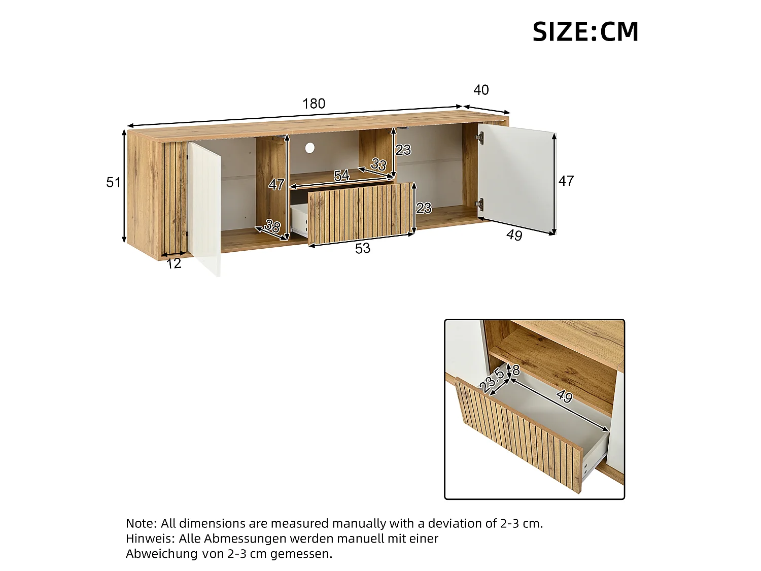 TV-möbel 180x40x51 cm - 2 dörrar och 1 låda - LED-belysning - Passar för TV upp till 75 tum - Vit + Natur