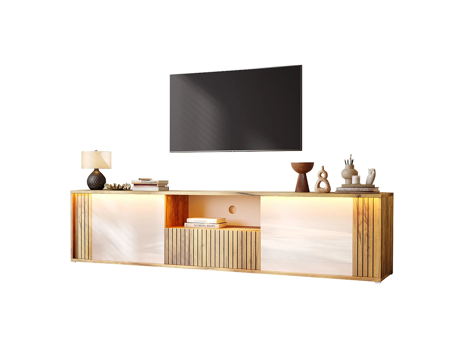 TV-möbel 180x40x51 cm - 2 dörrar och 1 låda - LED-belysning - Passar för TV upp till 75 tum - Vit + Natur