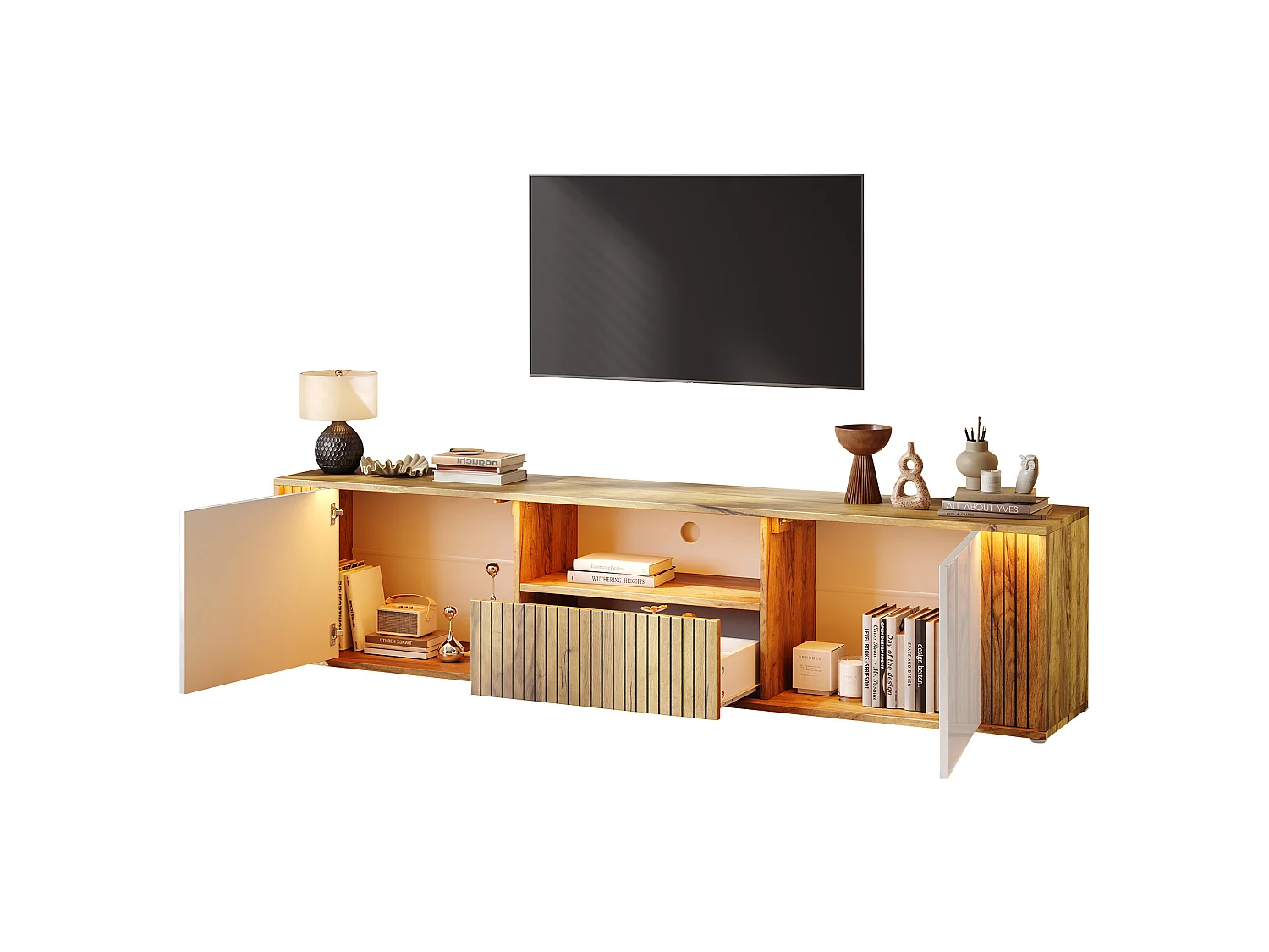 TV-möbel 180x40x51 cm - 2 dörrar och 1 låda - LED-belysning - Passar för TV upp till 75 tum - Vit + Natur