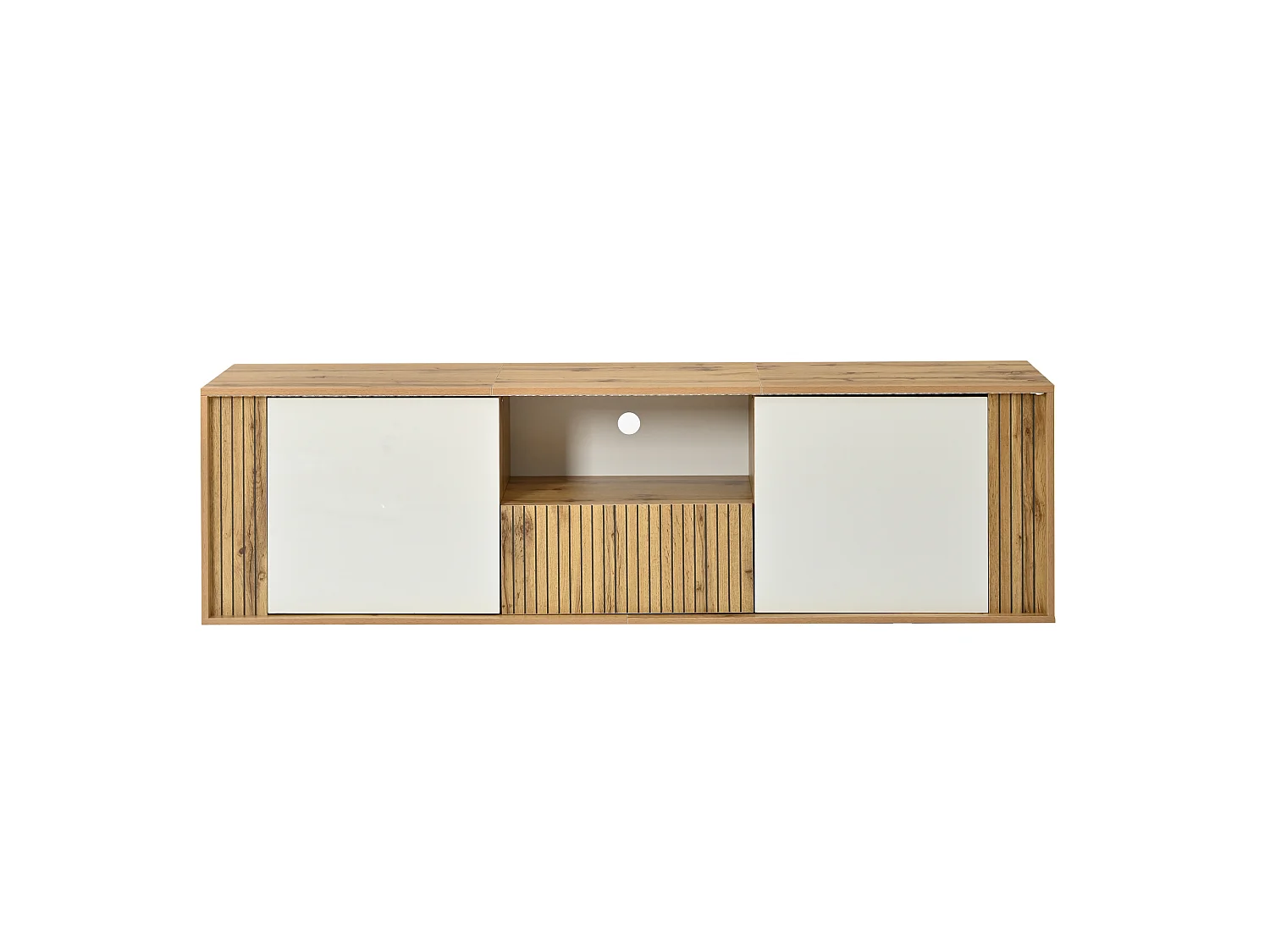 TV-möbel 180x40x51 cm - 2 dörrar och 1 låda - LED-belysning - Passar för TV upp till 75 tum - Vit + Natur