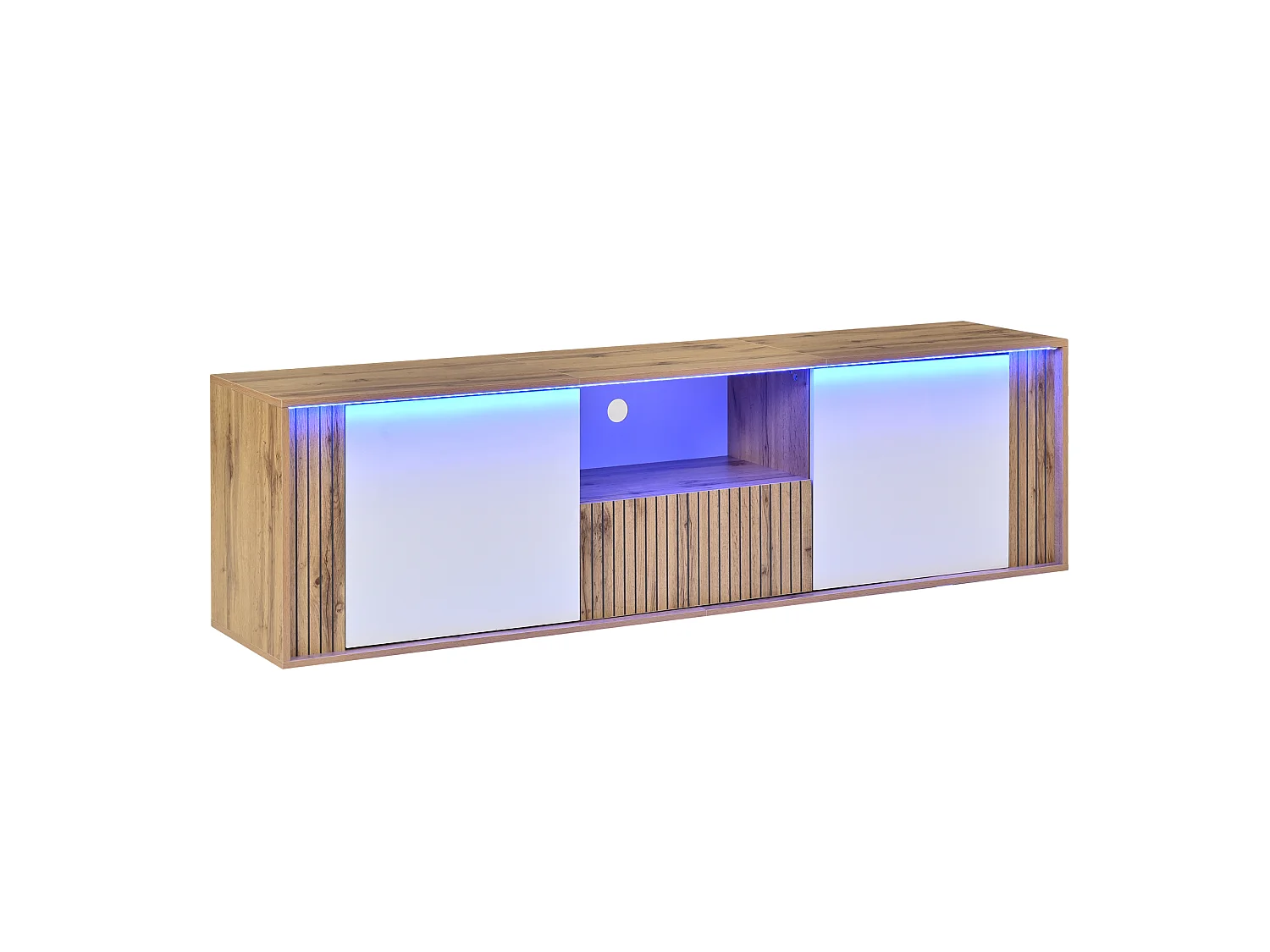 TV-möbel 180x40x51 cm - 2 dörrar och 1 låda - LED-belysning - Passar för TV upp till 75 tum - Vit + Natur