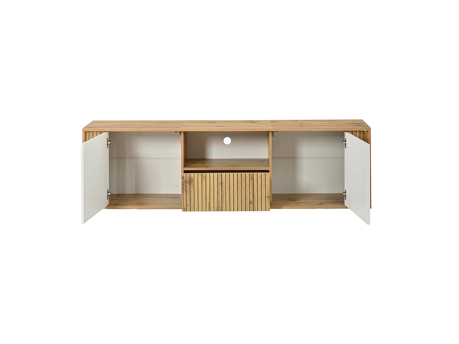 TV-möbel 180x40x51 cm - 2 dörrar och 1 låda - LED-belysning - Passar för TV upp till 75 tum - Vit + Natur