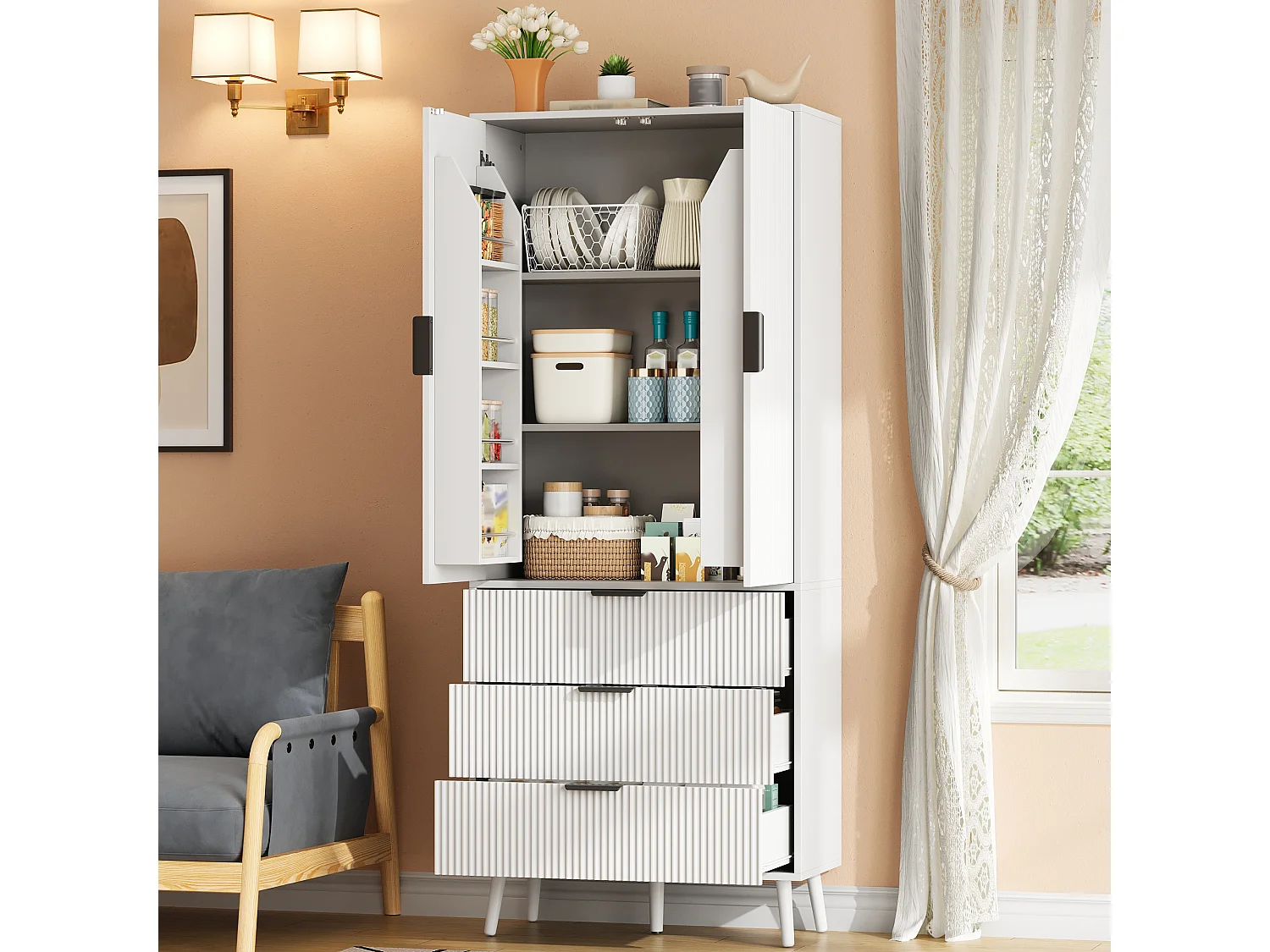 Buffet de cuisine 75x35x180cm - avec 2 portes et 3 tiroirs - avec étagère à épices - Blanc