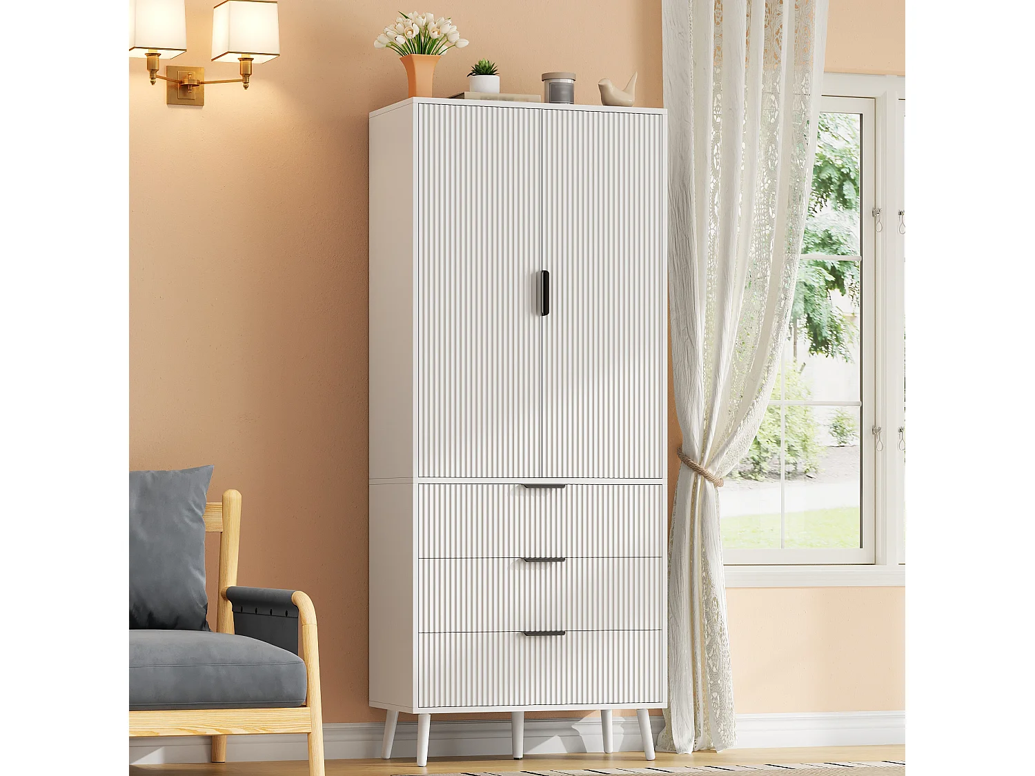 Buffet de cuisine 75x35x180cm - avec 2 portes et 3 tiroirs - avec étagère à épices - Blanc