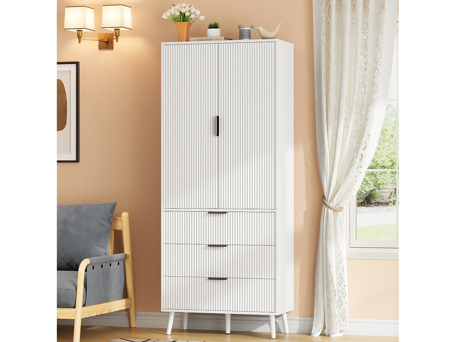 Buffet de cuisine 75x35x180cm - avec 2 portes et 3 tiroirs - avec étagère à épices - Blanc