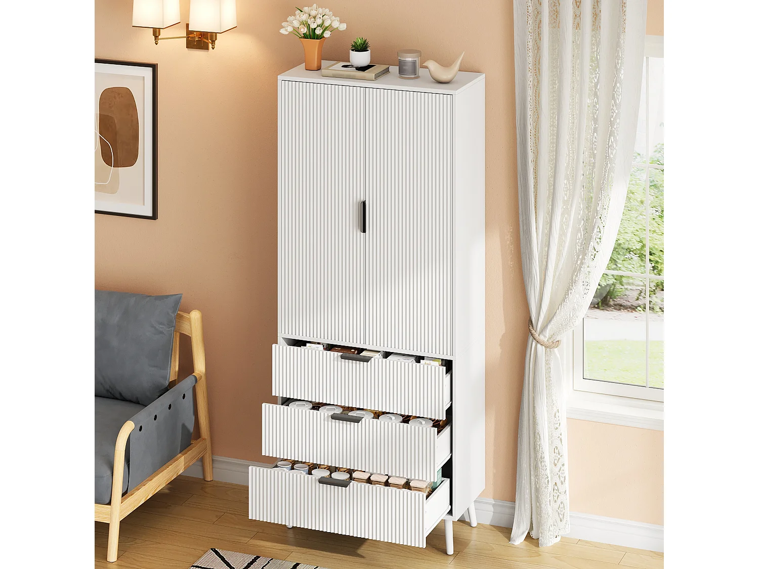 Buffet de cuisine 75x35x180cm - avec 2 portes et 3 tiroirs - avec étagère à épices - Blanc
