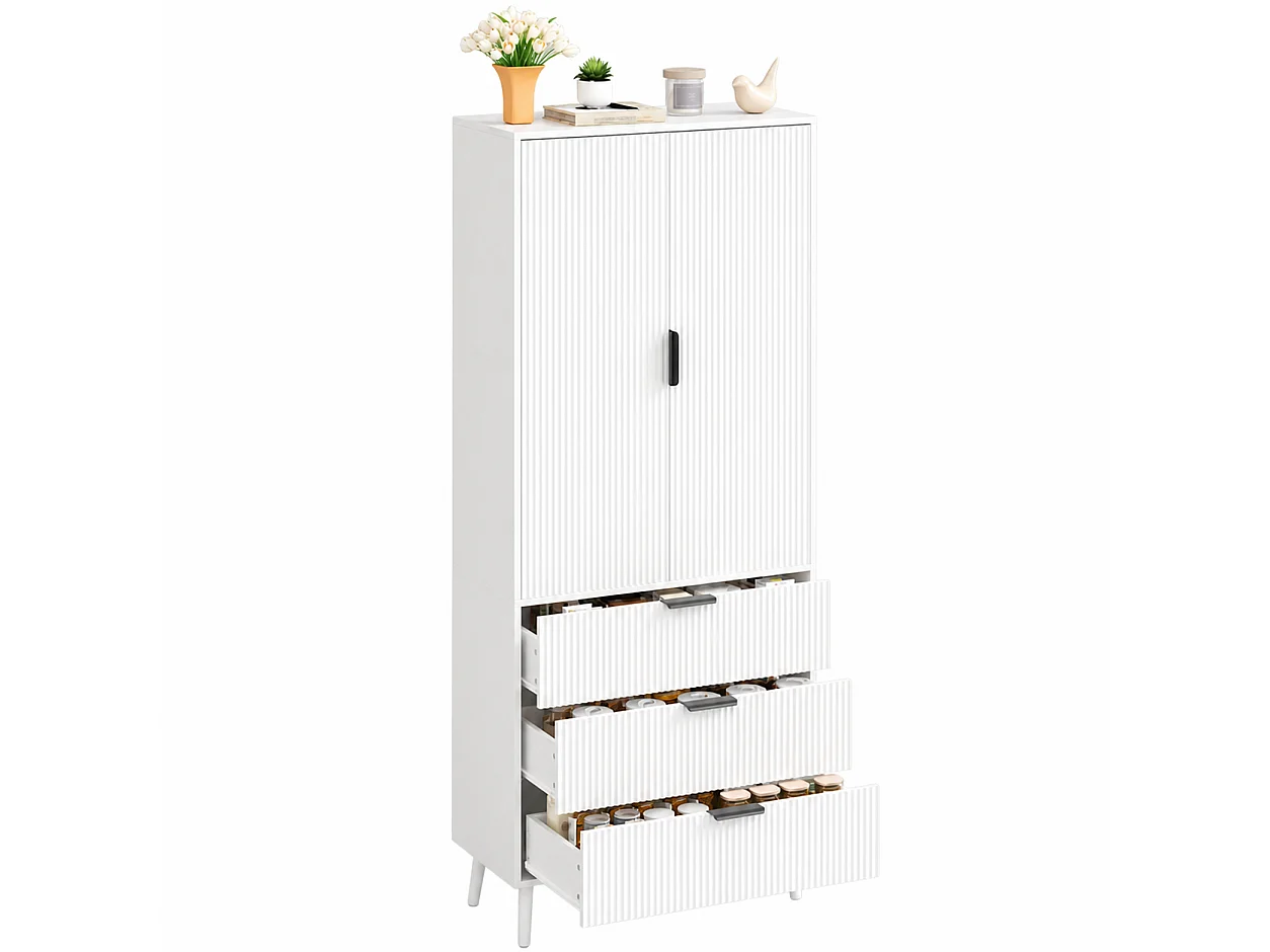 Buffet de cuisine 75x35x180cm - avec 2 portes et 3 tiroirs - avec étagère à épices - Blanc