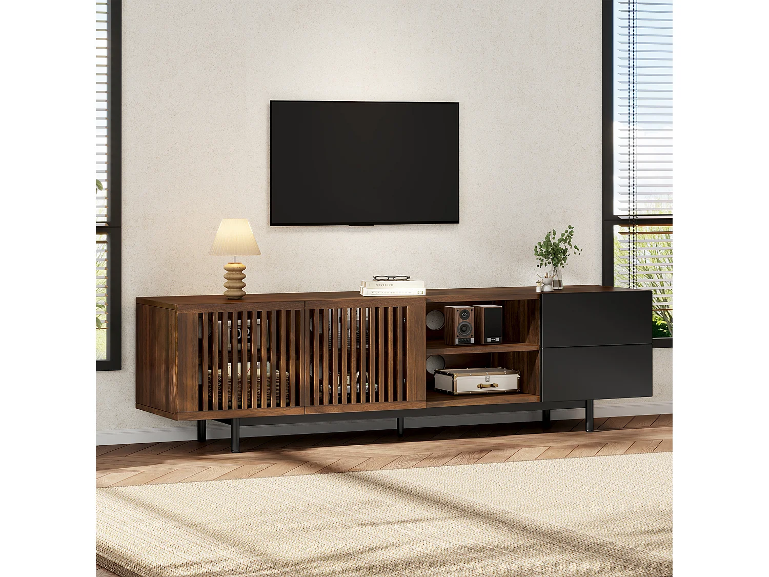 Modernt TV-bänk 160 x 38 x 50 cm - 2 persienndörrar, 2 lådor och öppna hyllor - MDF - Brun och svart