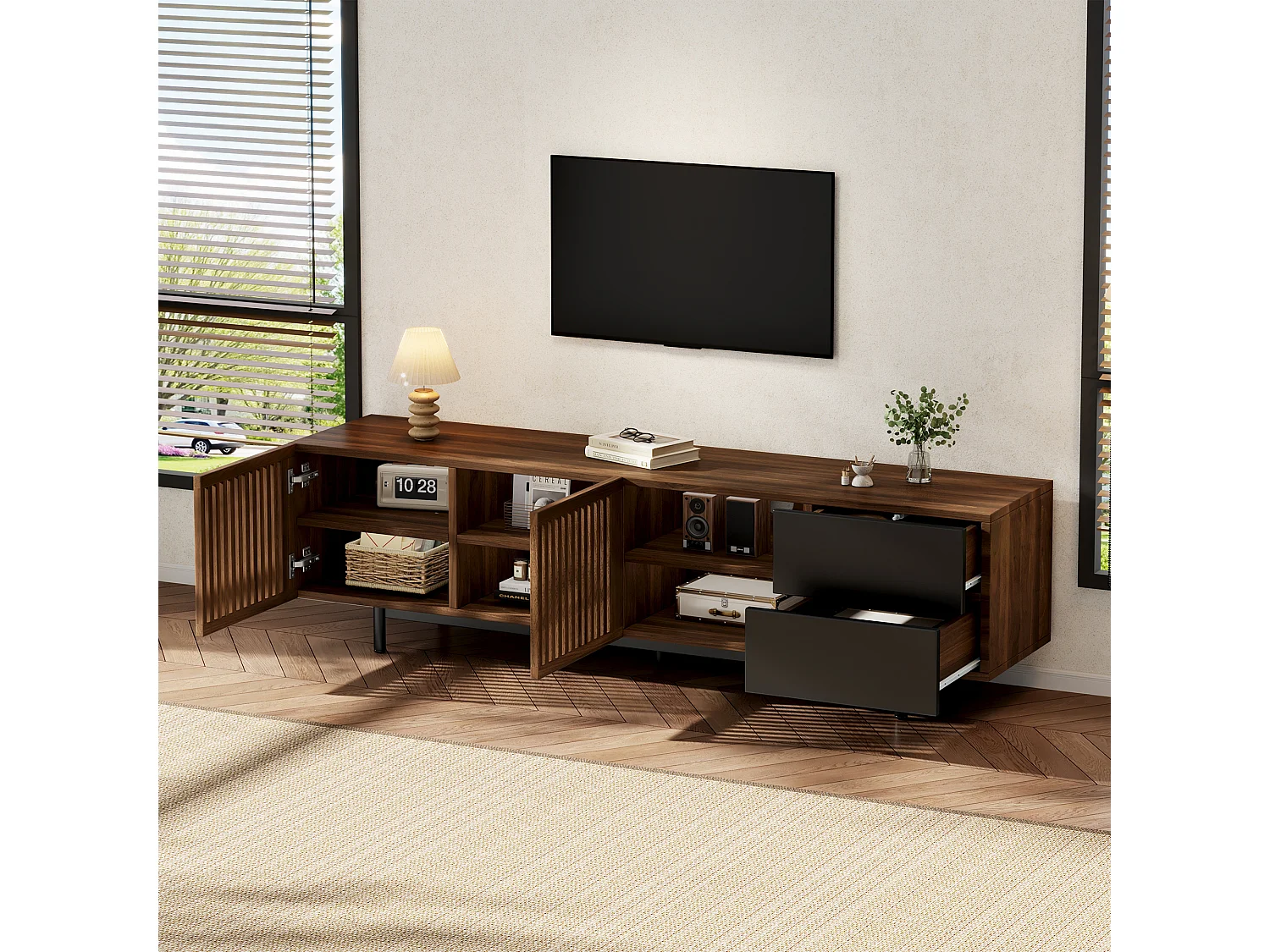Modernt TV-bänk 160 x 38 x 50 cm - 2 persienndörrar, 2 lådor och öppna hyllor - MDF - Brun och svart