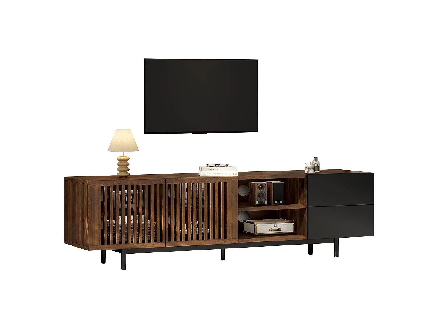 Modernt TV-bänk 160 x 38 x 50 cm - 2 persienndörrar, 2 lådor och öppna hyllor - MDF - Brun och svart