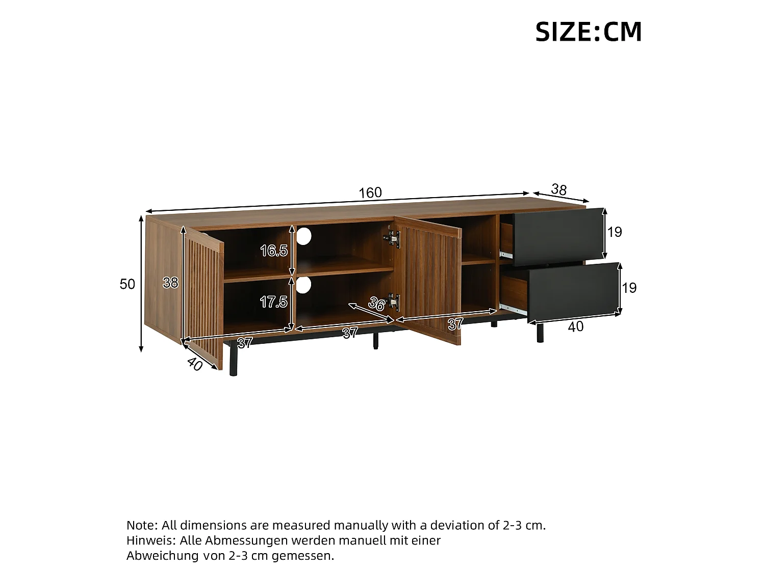 Modernt TV-bänk 160 x 38 x 50 cm - 2 persienndörrar, 2 lådor och öppna hyllor - MDF - Brun och svart