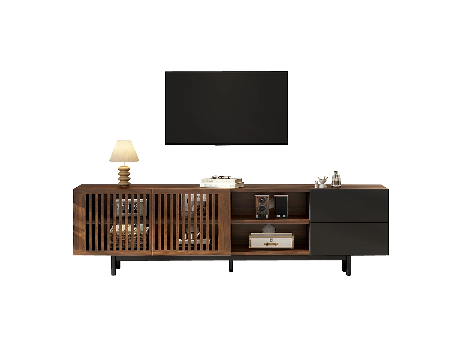 Modernt TV-bänk 160 x 38 x 50 cm - 2 persienndörrar, 2 lådor och öppna hyllor - MDF - Brun och svart