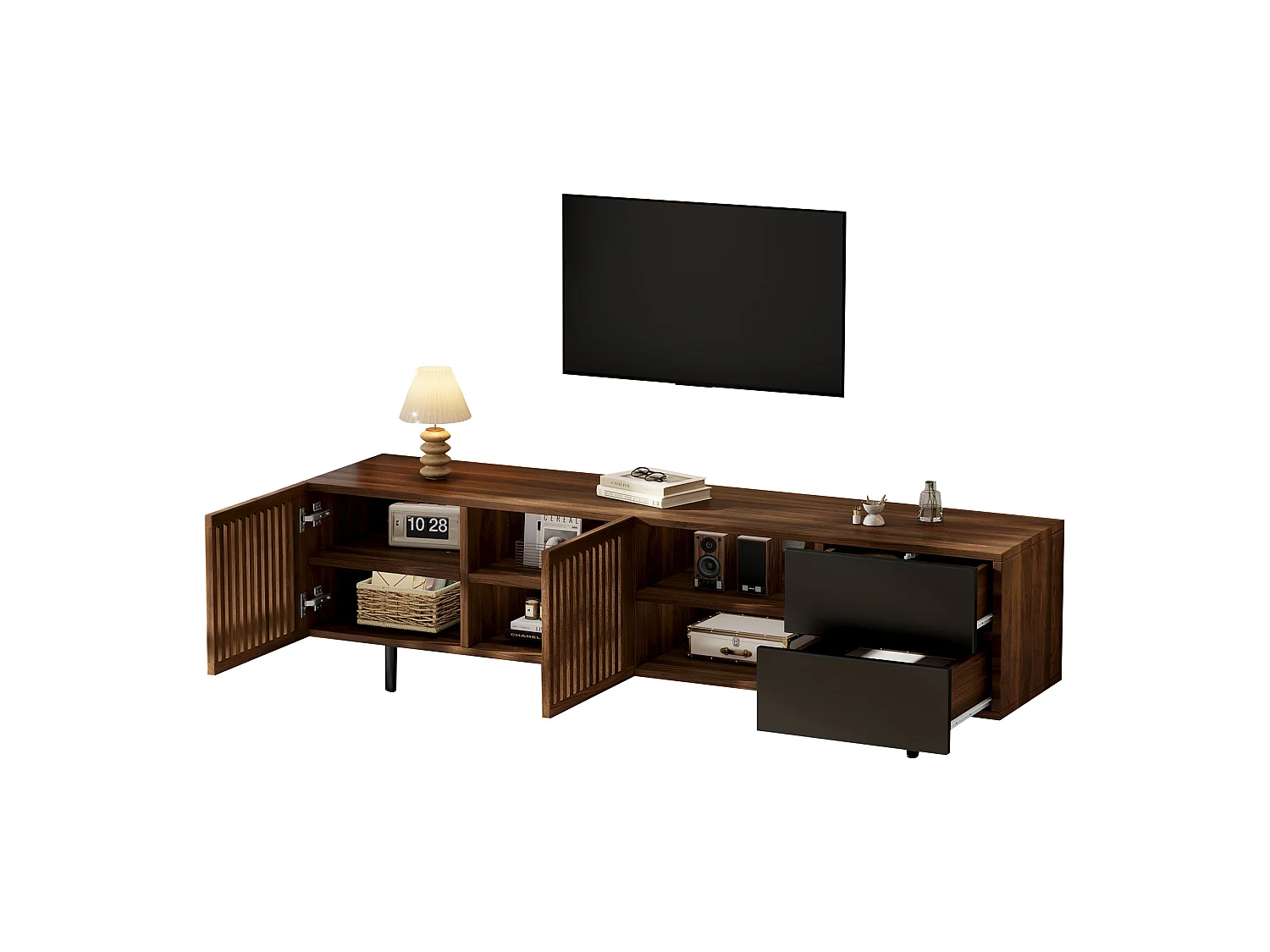 Modernt TV-bänk 160 x 38 x 50 cm - 2 persienndörrar, 2 lådor och öppna hyllor - MDF - Brun och svart