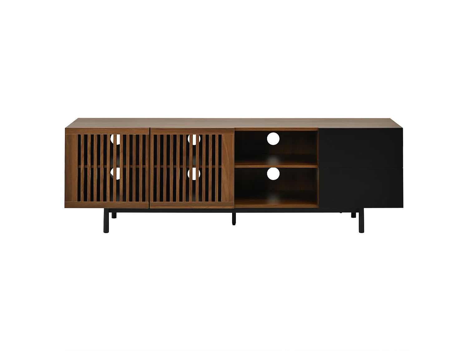 Modernt TV-bänk 160 x 38 x 50 cm - 2 persienndörrar, 2 lådor och öppna hyllor - MDF - Brun och svart