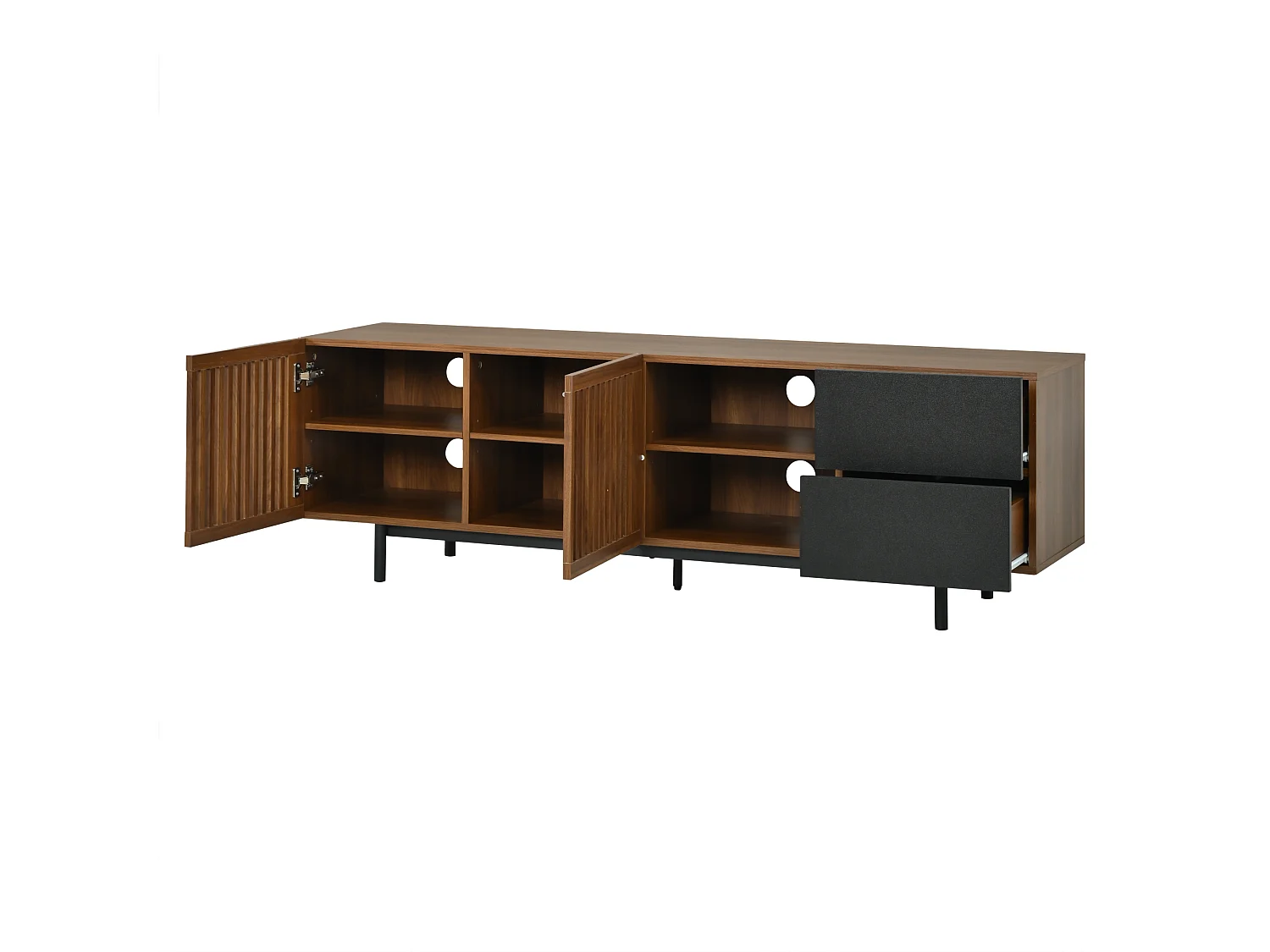 Modernt TV-bänk 160 x 38 x 50 cm - 2 persienndörrar, 2 lådor och öppna hyllor - MDF - Brun och svart