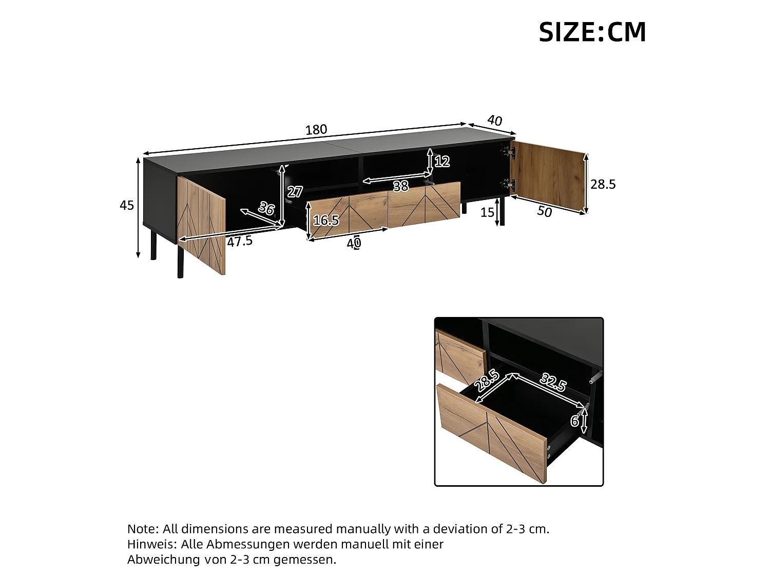 TV-Möbel mit 2 Türen, 2 Schubladen und geschlossenem Stauraum – Spanplatte – 180 x 40 x 45 cm – Naturholz + Schwarz
