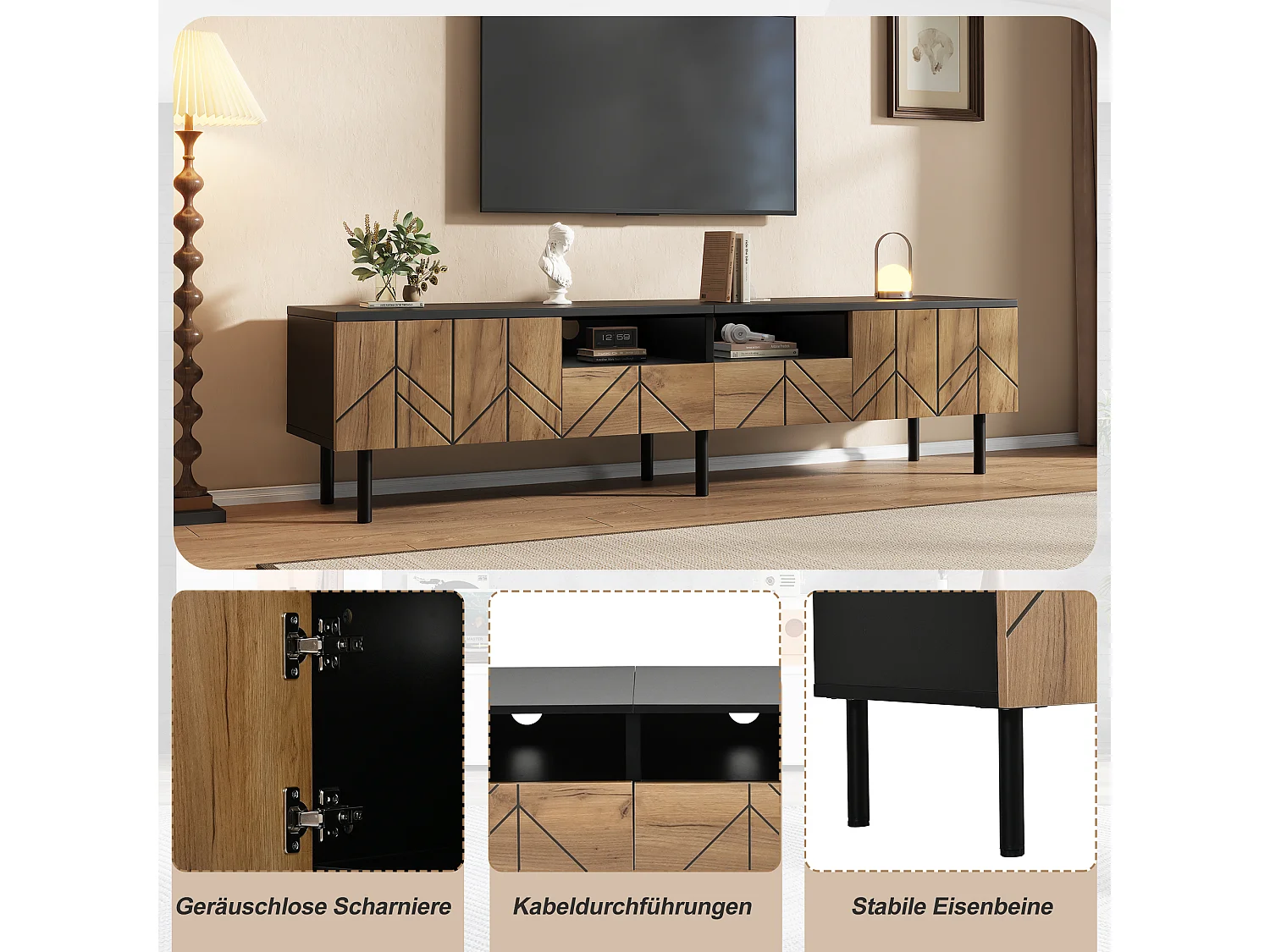 TV-Möbel mit 2 Türen, 2 Schubladen und geschlossenem Stauraum – Spanplatte – 180 x 40 x 45 cm – Naturholz + Schwarz