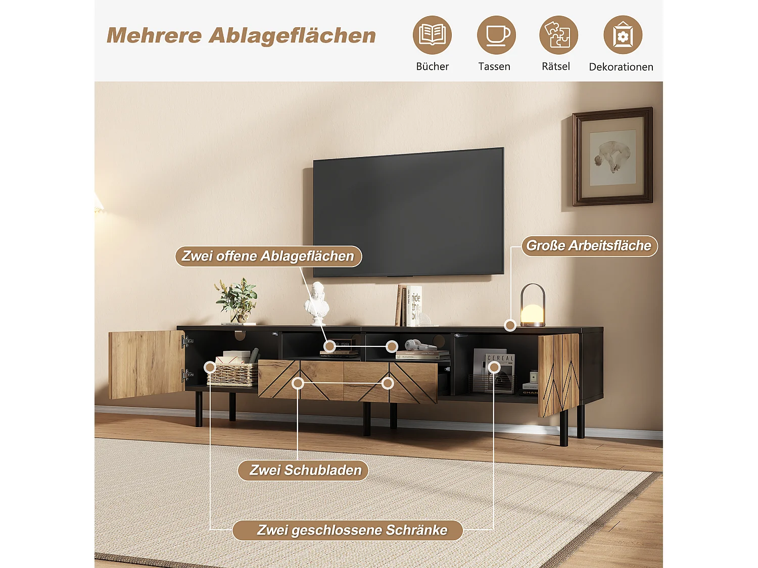 TV-Möbel mit 2 Türen, 2 Schubladen und geschlossenem Stauraum – Spanplatte – 180 x 40 x 45 cm – Naturholz + Schwarz