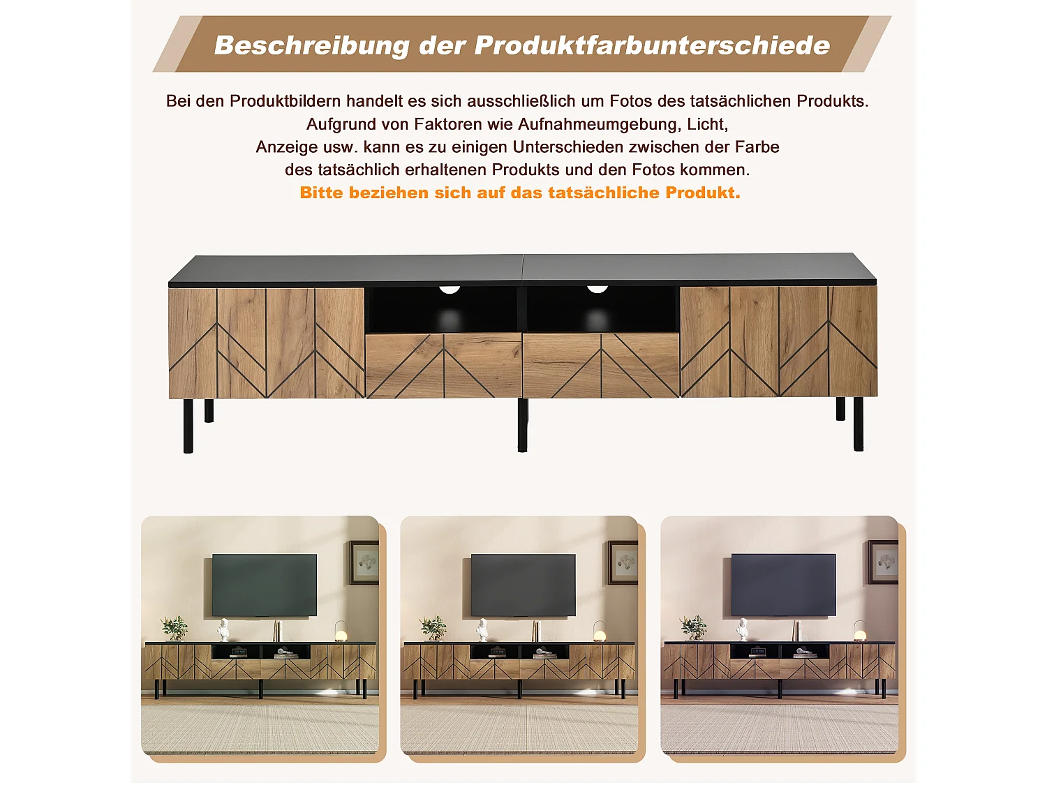 TV-Möbel mit 2 Türen, 2 Schubladen und geschlossenem Stauraum – Spanplatte – 180 x 40 x 45 cm – Naturholz + Schwarz