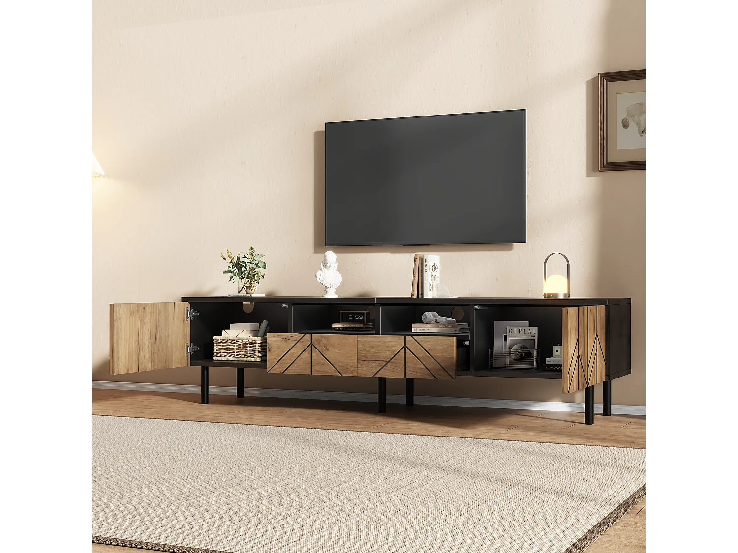 TV-Möbel mit 2 Türen, 2 Schubladen und geschlossenem Stauraum – Spanplatte – 180 x 40 x 45 cm – Naturholz + Schwarz