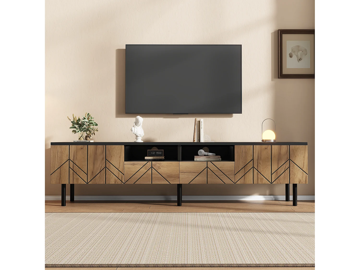 TV-Möbel mit 2 Türen, 2 Schubladen und geschlossenem Stauraum – Spanplatte – 180 x 40 x 45 cm – Naturholz + Schwarz