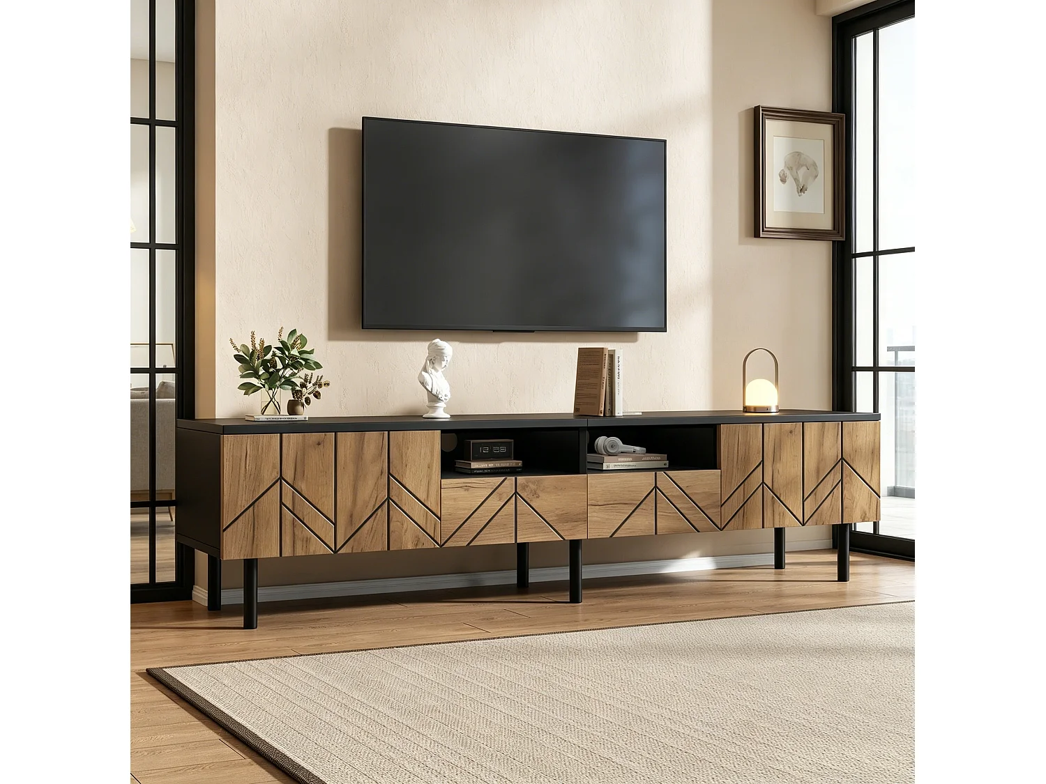TV-Möbel mit 2 Türen, 2 Schubladen und geschlossenem Stauraum – Spanplatte – 180 x 40 x 45 cm – Naturholz + Schwarz