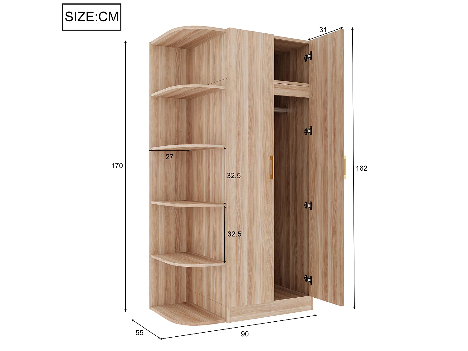 Szafa 90 x 55 x 170 cm - 2 drzwi - 1 szuflada - naturalny