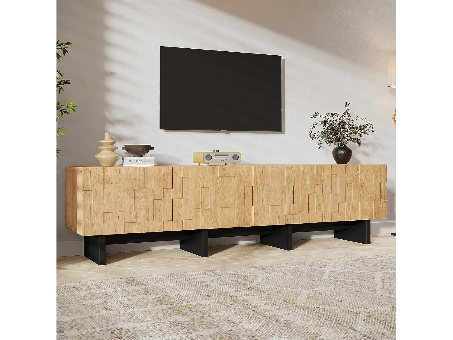 Meuble TV 180 cm avec 4 portes - Compatible TV jusqu'à 75 pouces - Portes à motif gaufré - Finition bois - Naturel