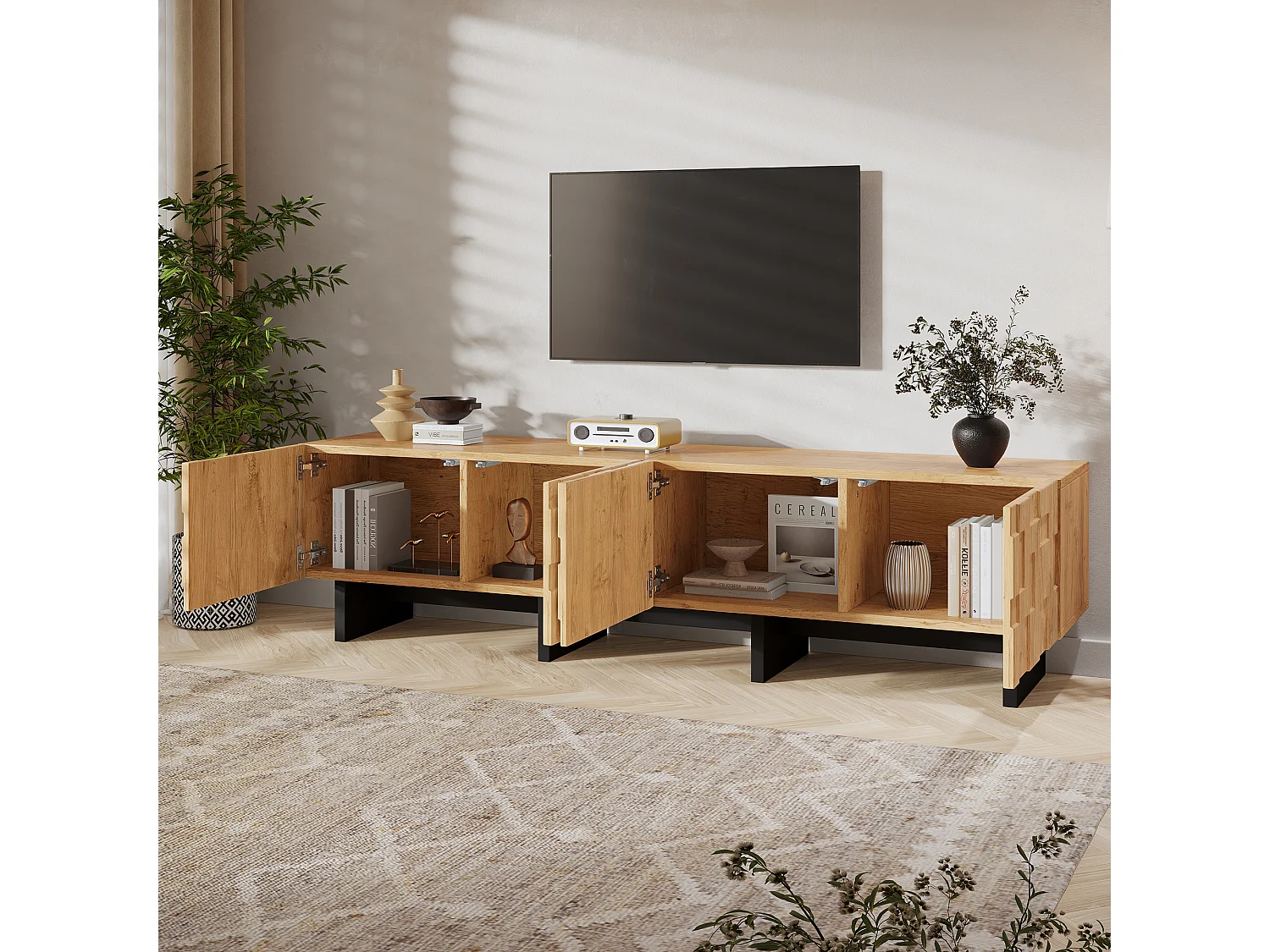 Meuble TV 180 cm avec 4 portes - Compatible TV jusqu'à 75 pouces - Portes à motif gaufré - Finition bois - Naturel