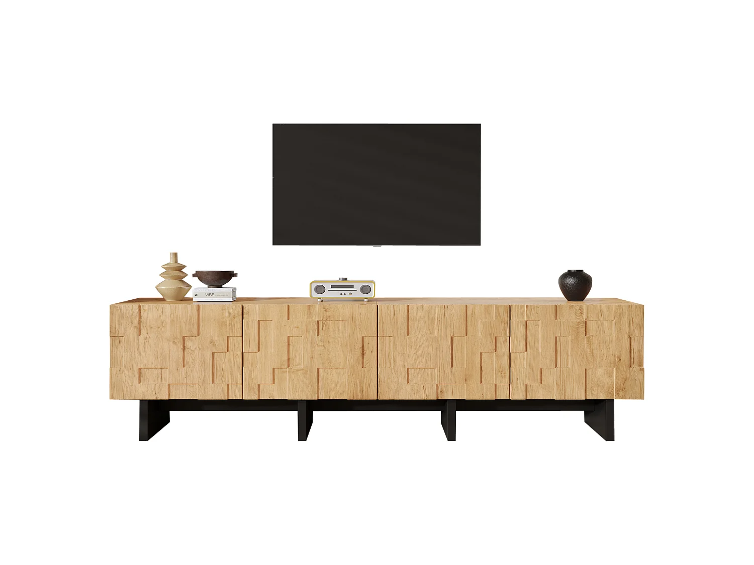 Meuble TV 180 cm avec 4 portes - Compatible TV jusqu'à 75 pouces - Portes à motif gaufré - Finition bois - Naturel