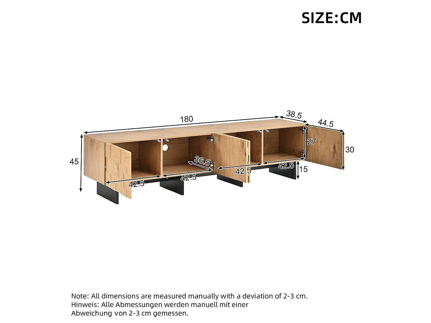 Meuble TV 180 cm avec 4 portes - Compatible TV jusqu'à 75 pouces - Portes à motif gaufré - Finition bois - Naturel