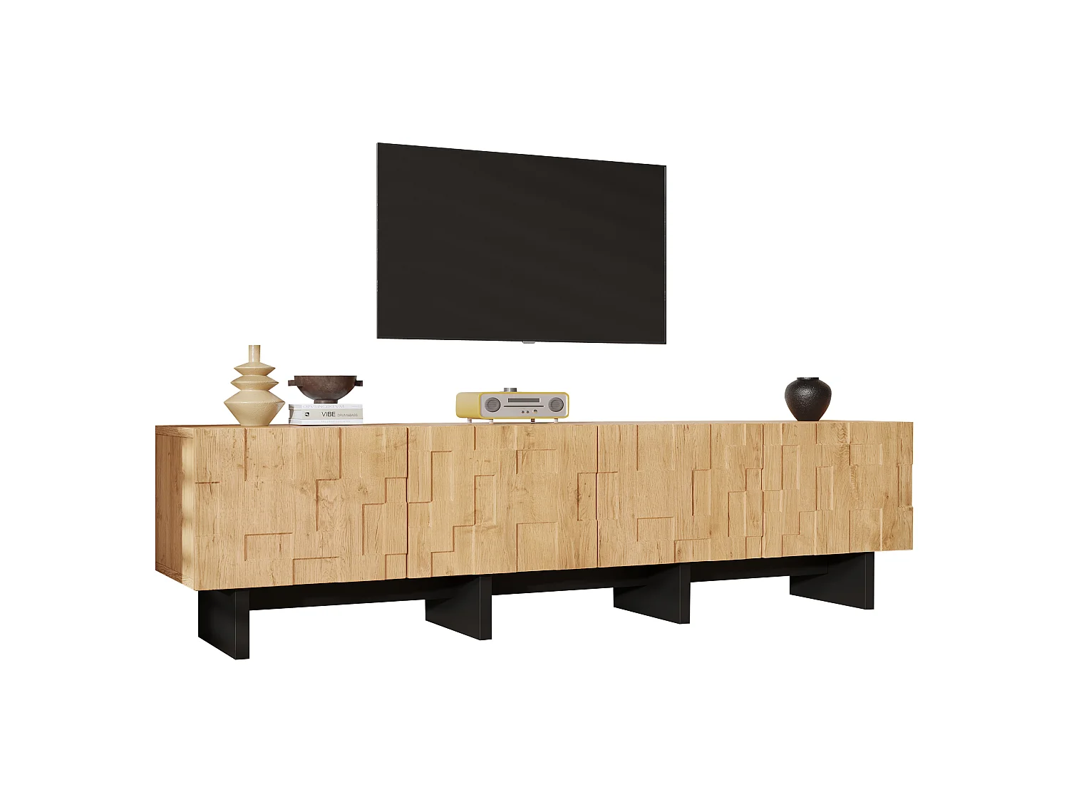 Meuble TV 180 cm avec 4 portes - Compatible TV jusqu'à 75 pouces - Portes à motif gaufré - Finition bois - Naturel