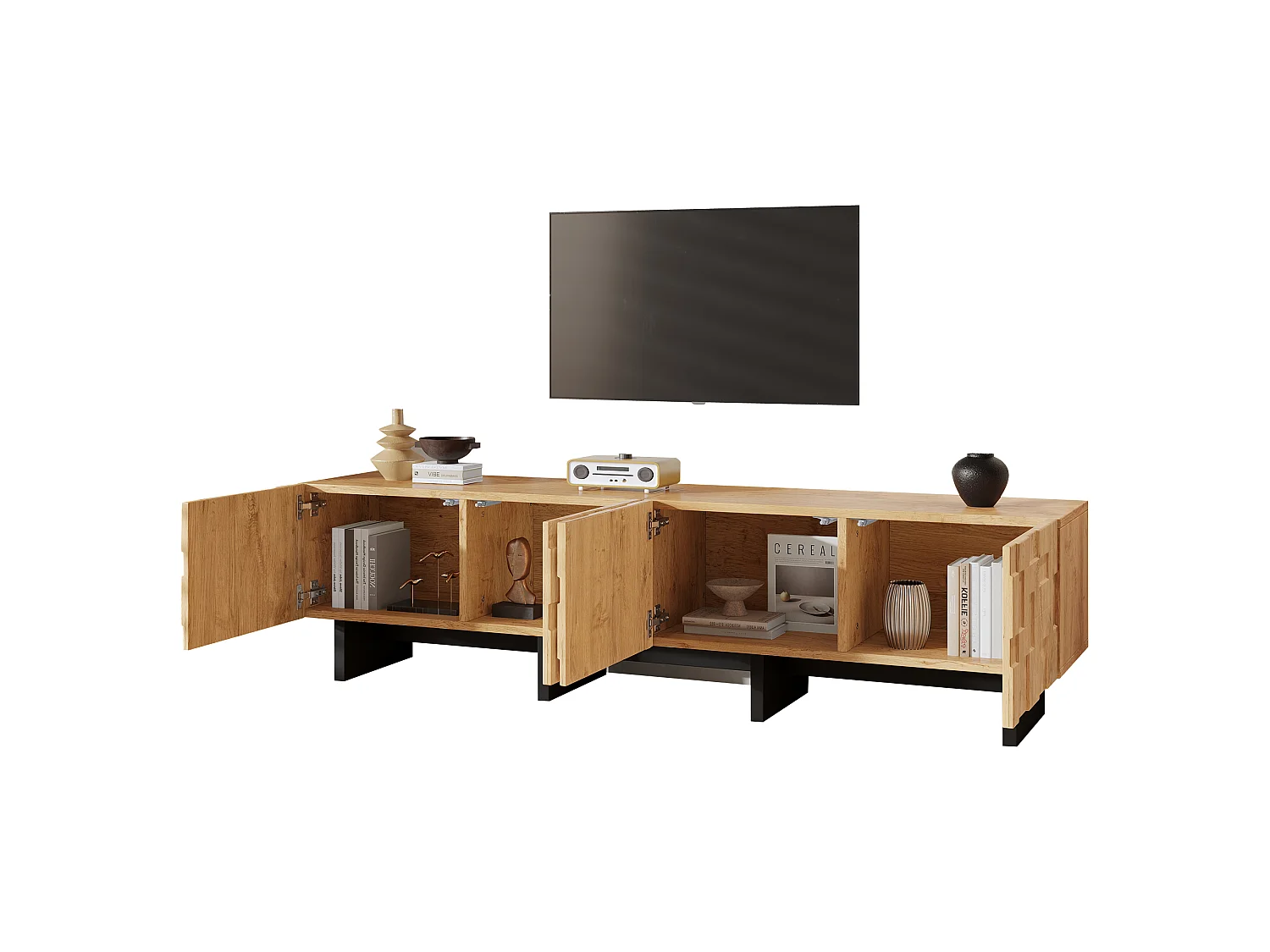 Meuble TV 180 cm avec 4 portes - Compatible TV jusqu'à 75 pouces - Portes à motif gaufré - Finition bois - Naturel