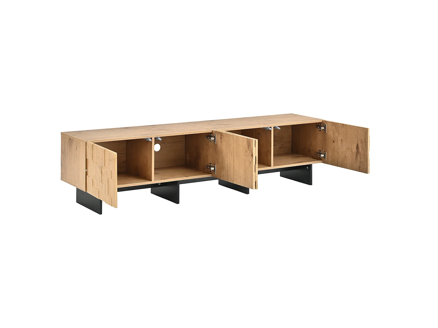 Meuble TV 180 cm avec 4 portes - Compatible TV jusqu'à 75 pouces - Portes à motif gaufré - Finition bois - Naturel