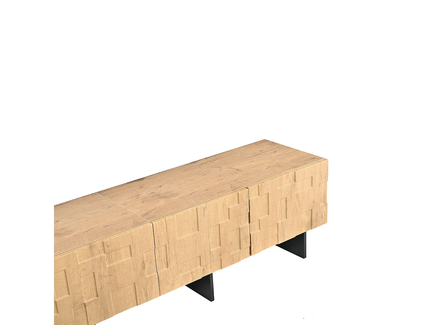 Meuble TV 180 cm avec 4 portes - Compatible TV jusqu'à 75 pouces - Portes à motif gaufré - Finition bois - Naturel