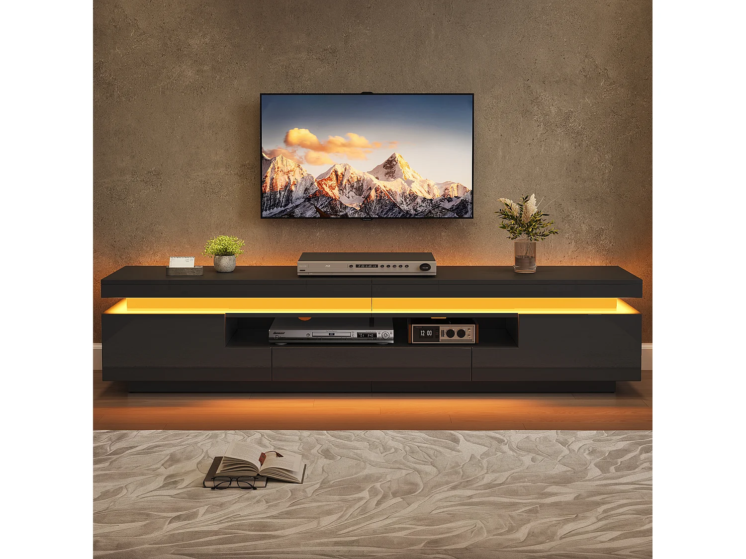 TV-Möbel mit LED-Beleuchtung, 2 Türen, 1 Schublade und Hochglanzfront – Spanplatte – 175 x 38 x 45 cm – Schwarz