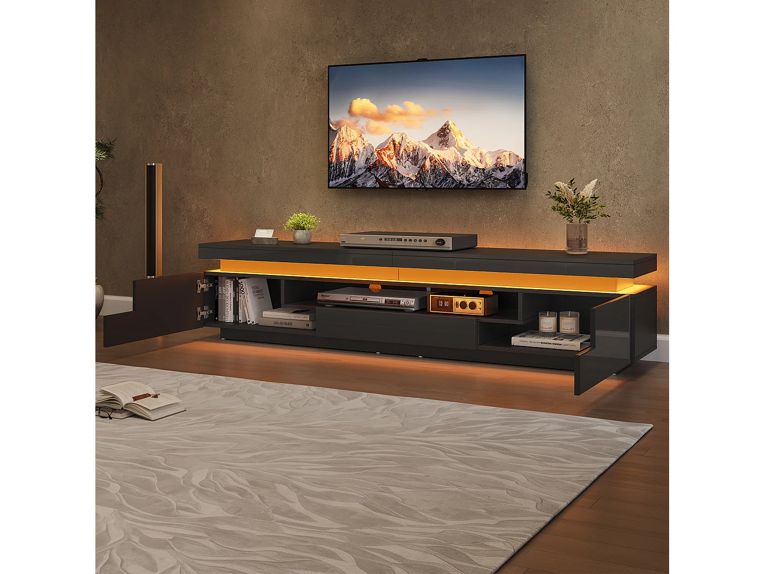 TV-Möbel mit LED-Beleuchtung, 2 Türen, 1 Schublade und Hochglanzfront – Spanplatte – 175 x 38 x 45 cm – Schwarz