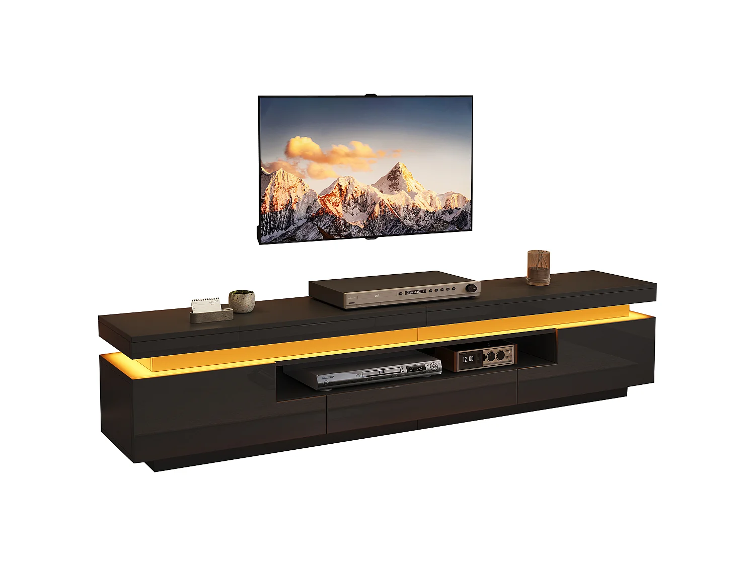 TV-Möbel mit LED-Beleuchtung, 2 Türen, 1 Schublade und Hochglanzfront – Spanplatte – 175 x 38 x 45 cm – Schwarz