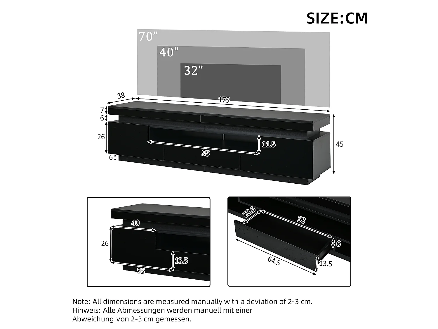 TV-Möbel mit LED-Beleuchtung, 2 Türen, 1 Schublade und Hochglanzfront – Spanplatte – 175 x 38 x 45 cm – Schwarz