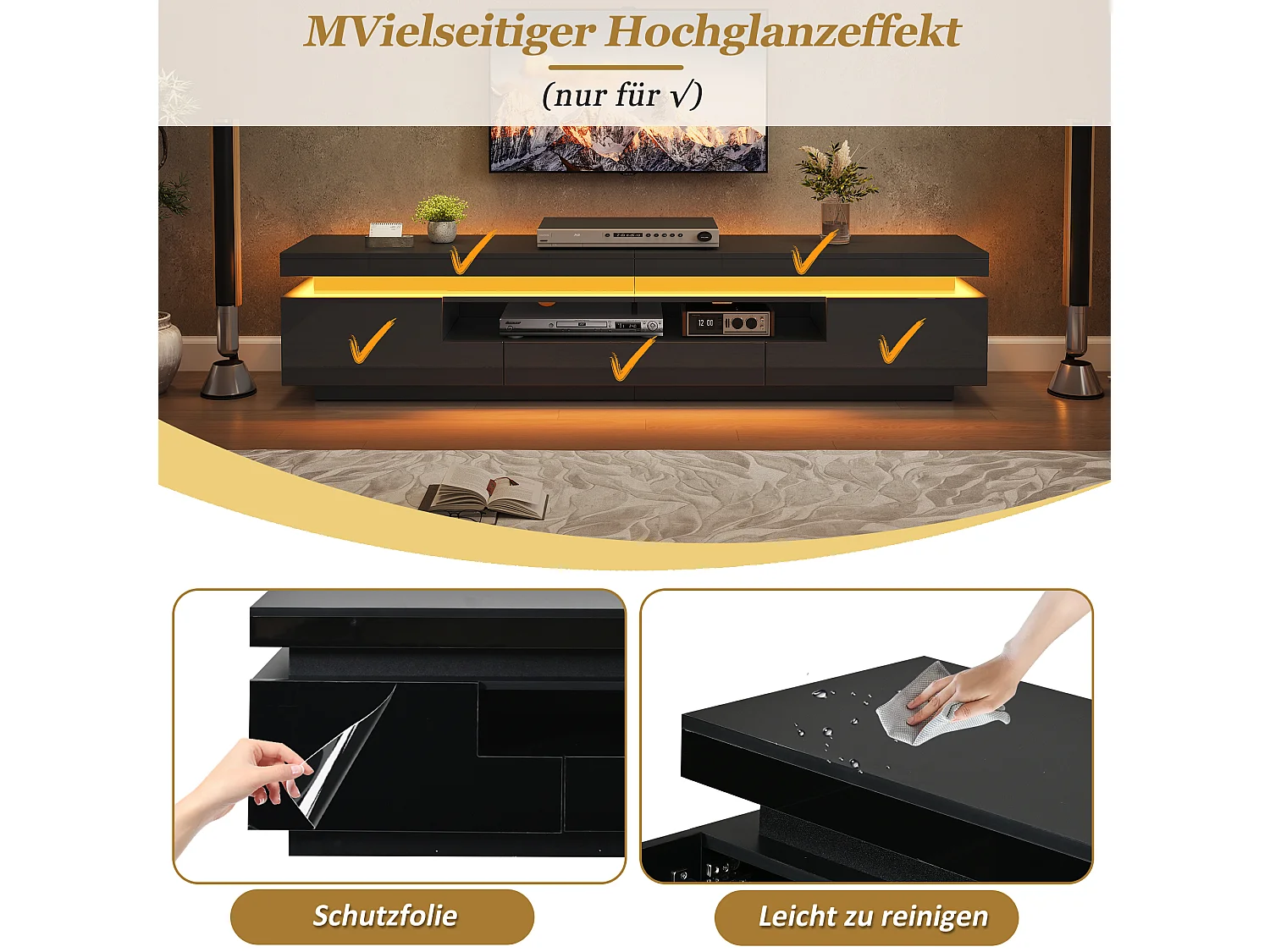 TV-Möbel mit LED-Beleuchtung, 2 Türen, 1 Schublade und Hochglanzfront – Spanplatte – 175 x 38 x 45 cm – Schwarz