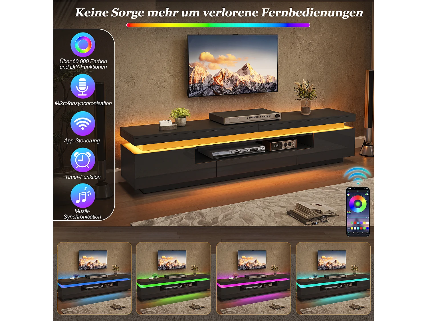 TV-Möbel mit LED-Beleuchtung, 2 Türen, 1 Schublade und Hochglanzfront – Spanplatte – 175 x 38 x 45 cm – Schwarz