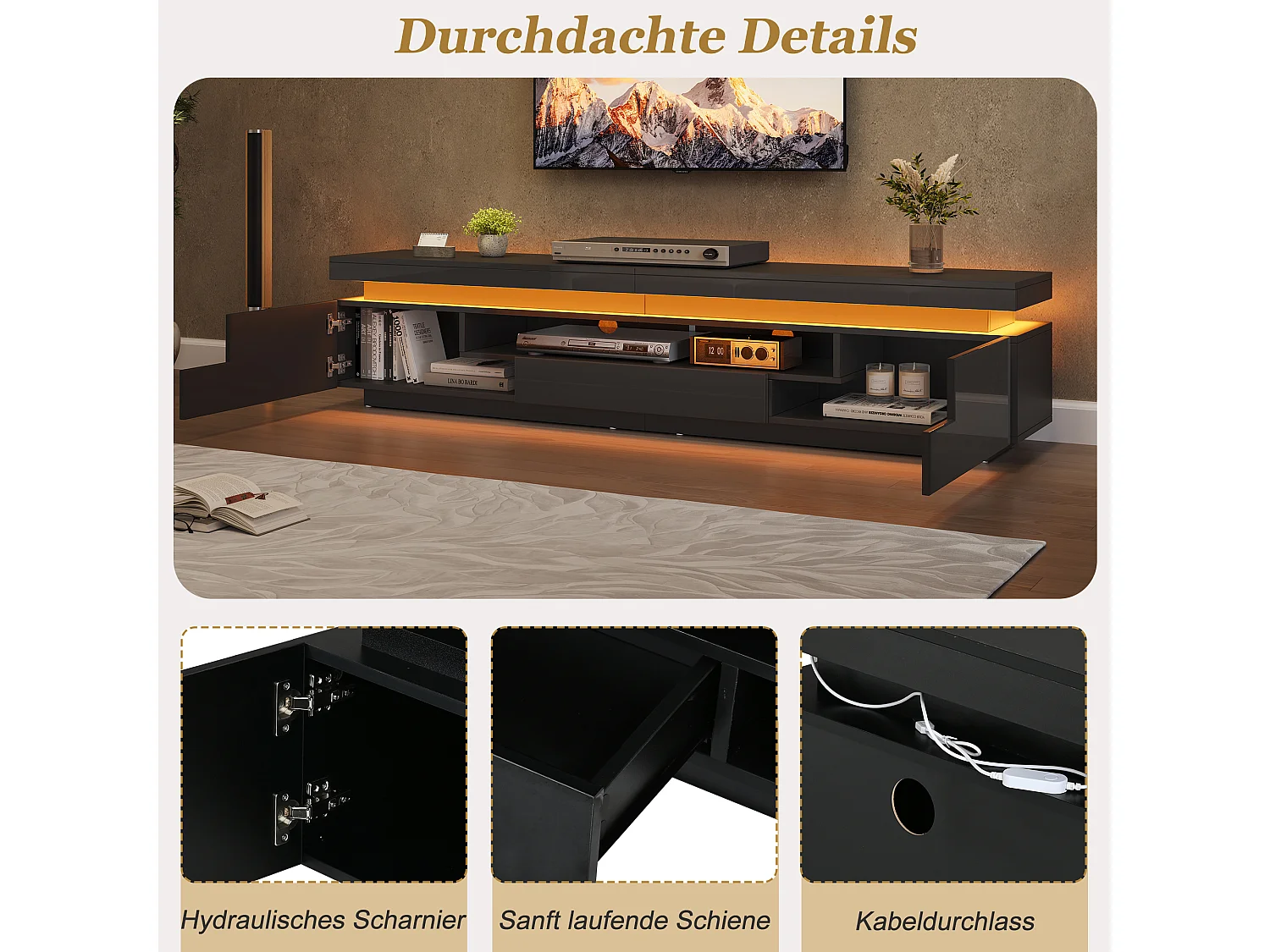 TV-Möbel mit LED-Beleuchtung, 2 Türen, 1 Schublade und Hochglanzfront – Spanplatte – 175 x 38 x 45 cm – Schwarz