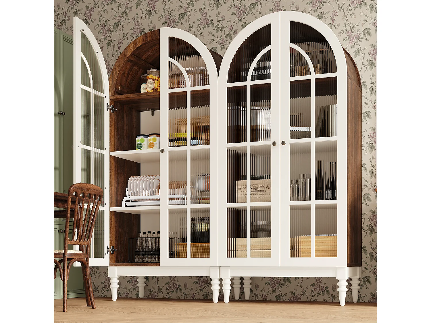 Combinazione di 2 vetrine Alta ad Arco 165cm - Mobile di Contenimento con Ante in Vetro e Gambe in Legno Massello - Design Retro Chic - Noce