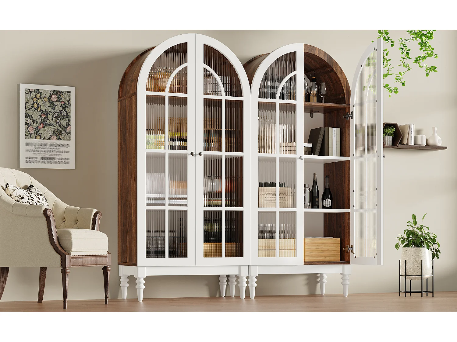 Combinazione di 2 vetrine Alta ad Arco 165cm - Mobile di Contenimento con Ante in Vetro e Gambe in Legno Massello - Design Retro Chic - Noce